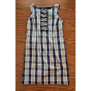 Talbots Sheath Dress Size 8 Blue Green Plaid Ruffle Front Sleeveless Cotton EUC